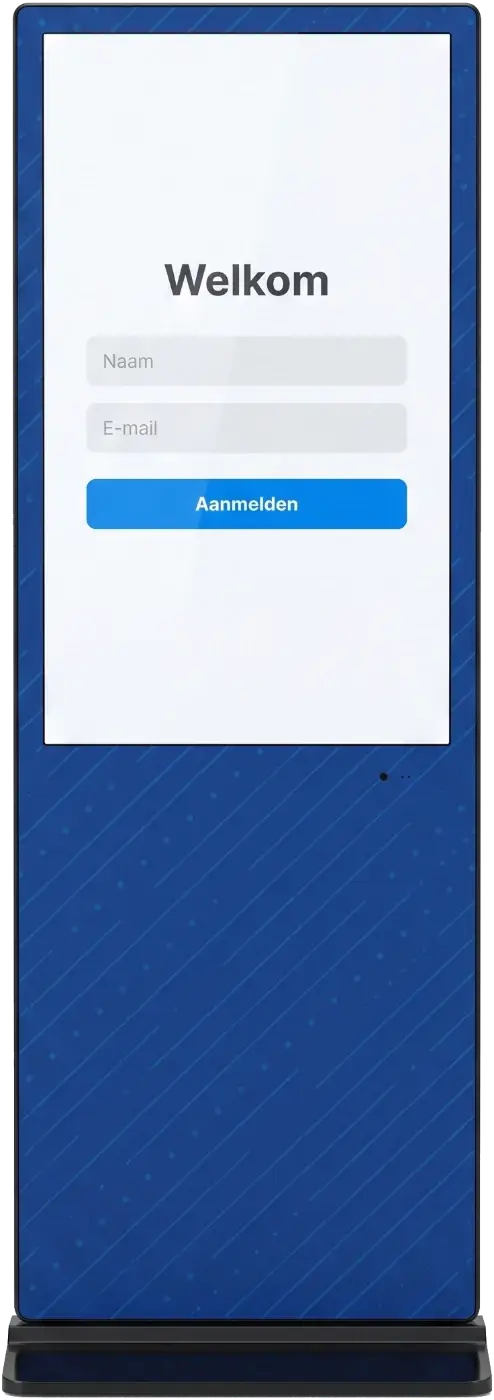 Touchscreen zuil in mat blauw wrapvinyl met een aanmeldscherm, als wrapvoorbeeld