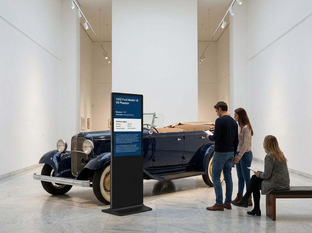 Bezoeker die zelf door een collectie zoekt op een touchscreen zuil